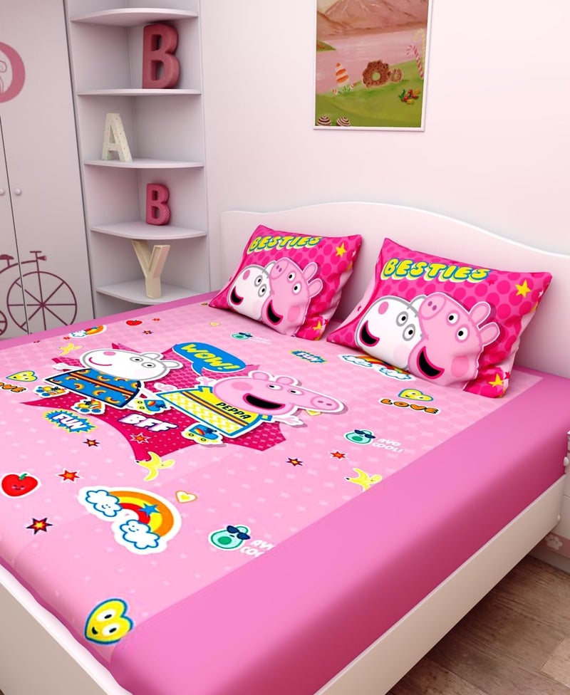 Athom Living Peppa Pig (Pink) Themed Cotton Double Bedsheet Set with 2 Matching Pillow Cover, Premium Soft Fabric, Vibrant Designs, Perfect for Kids Bedroom, Easy Wash & Durable | 270x270 cm - Image 3