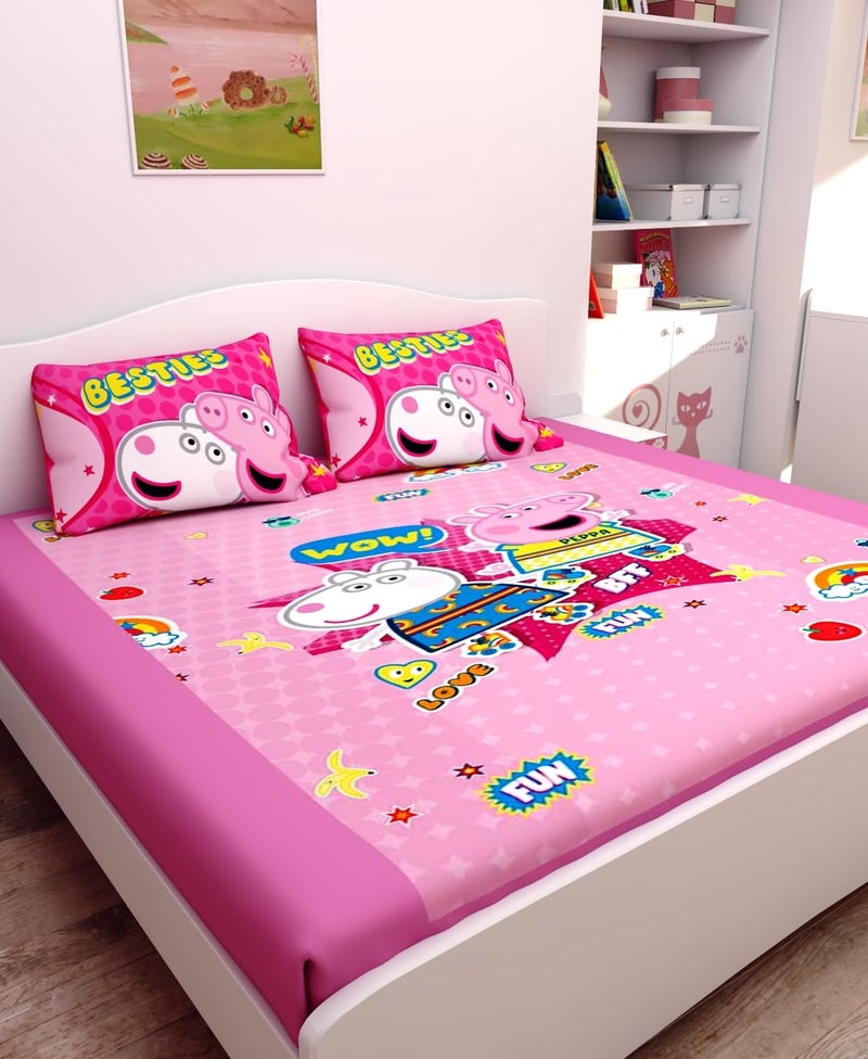 Athom Living Peppa Pig (Pink) Themed Cotton Double Bedsheet Set with 2 Matching Pillow Cover, Premium Soft Fabric, Vibrant Designs, Perfect for Kids Bedroom, Easy Wash & Durable | 270x270 cm - Image 5