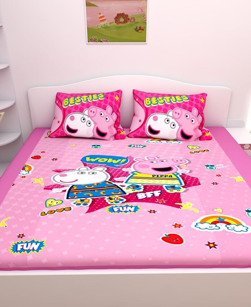 Athom Living Peppa Pig (Pink) Themed Cotton Double Bedsheet Set with 2 Matching Pillow Cover, Premium Soft Fabric, Vibrant Designs, Perfect for Kids Bedroom, Easy Wash & Durable | 270x270 cm - Image 2