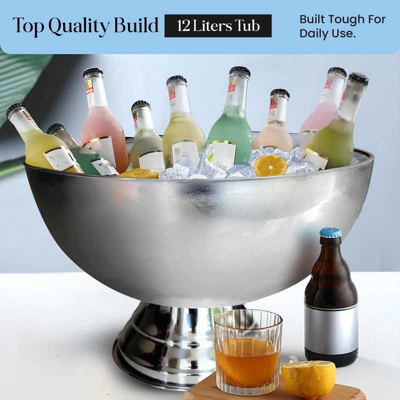 Premium 12L Large Ice Bucket for Parties - Silver Stainless Steel Beverage Tub with Scoop - Image 4