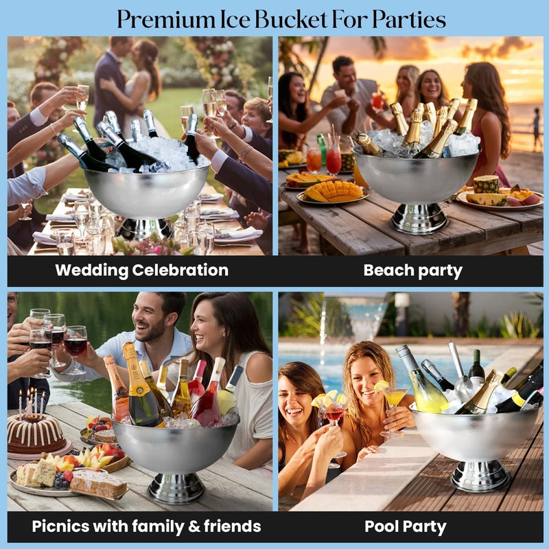 Premium 12L Large Ice Bucket for Parties - Silver Stainless Steel Beverage Tub with Scoop - Image 5