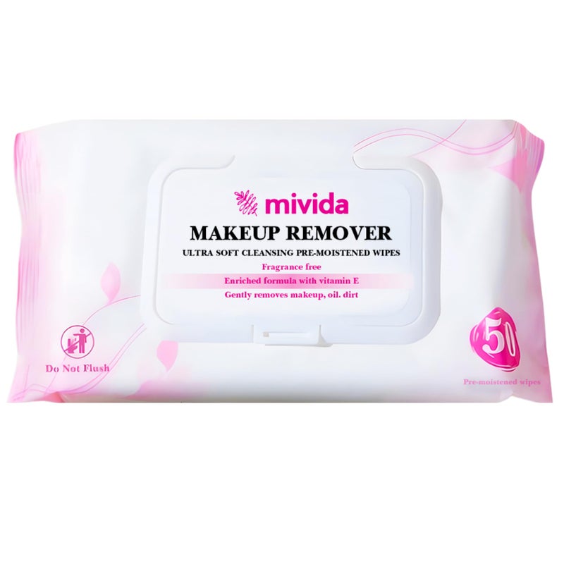 Mivida Hypoallergenic Makeup Remover Wipes With Vitamin E, Daily Cleansing Facial Towelettes, For Sensitive Skin, 50 Count, Alcohol Free, Fragrance Free Makeup Wipes - Image 1