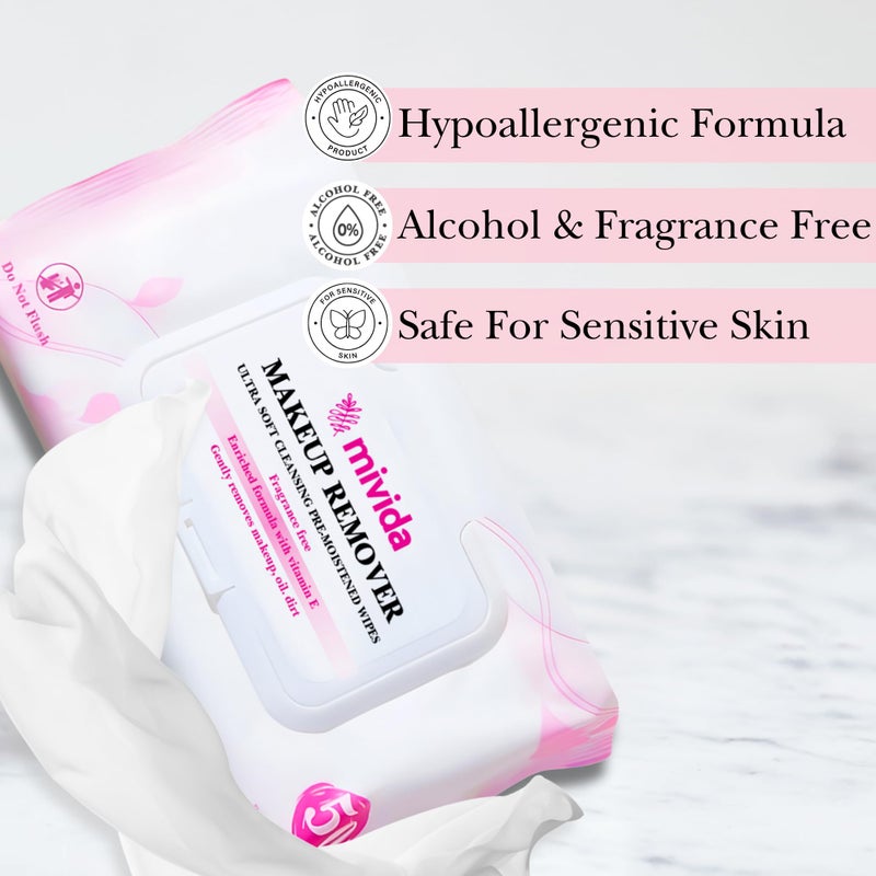 Mivida Hypoallergenic Makeup Remover Wipes With Vitamin E, Daily Cleansing Facial Towelettes, For Sensitive Skin, 50 Count, Alcohol Free, Fragrance Free Makeup Wipes - Image 3