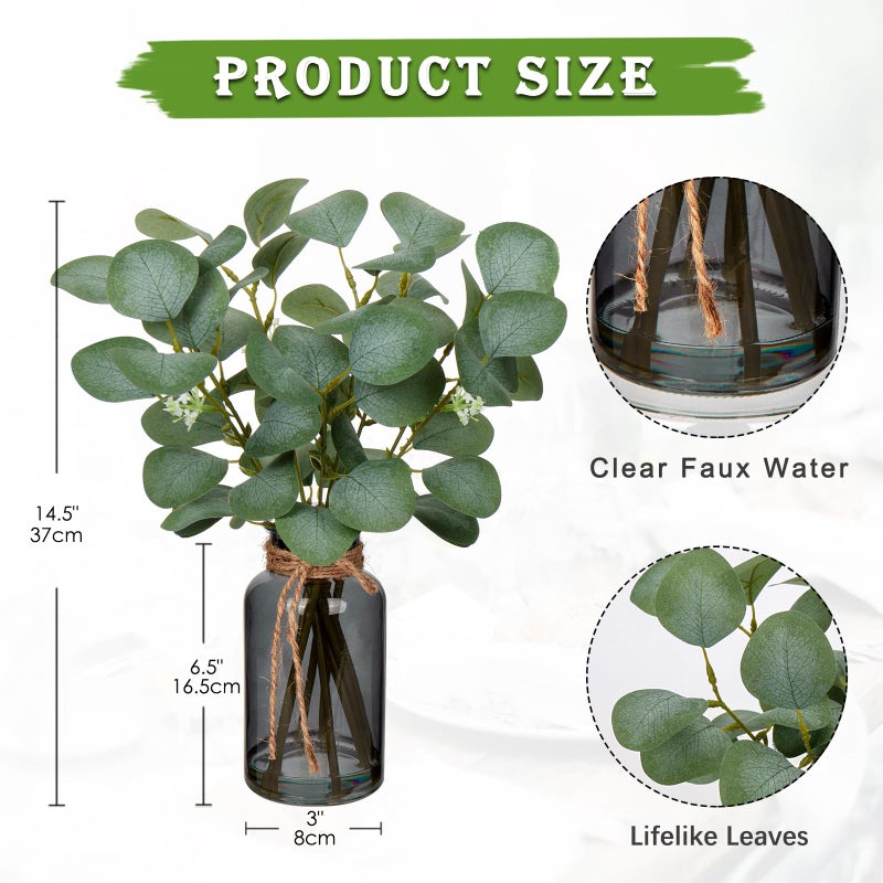 Briful Artificial Eucalyptus Stems in Black Glass Vase with Faux Water, 14" Fake Plant Eucalyptus Leaves for Home Office Farmhouse Wedding Centerpiece DÃ©cor - Image 2