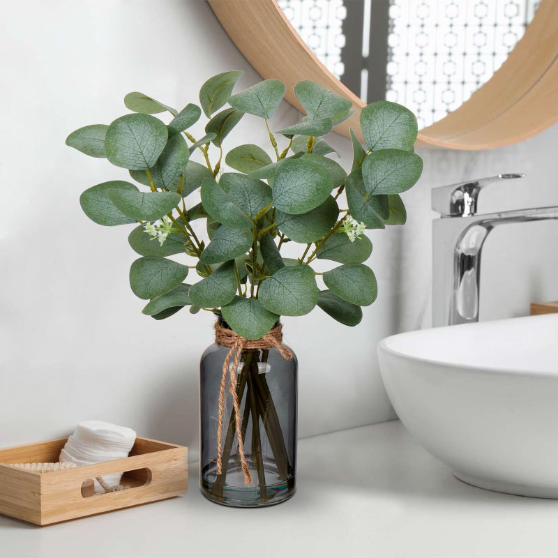 Briful Artificial Eucalyptus Stems in Black Glass Vase with Faux Water, 14" Fake Plant Eucalyptus Leaves for Home Office Farmhouse Wedding Centerpiece DÃ©cor - Image 3