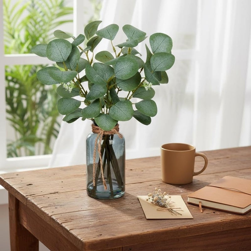 Briful Artificial Eucalyptus Stems in Black Glass Vase with Faux Water, 14" Fake Plant Eucalyptus Leaves for Home Office Farmhouse Wedding Centerpiece DÃ©cor - Image 4