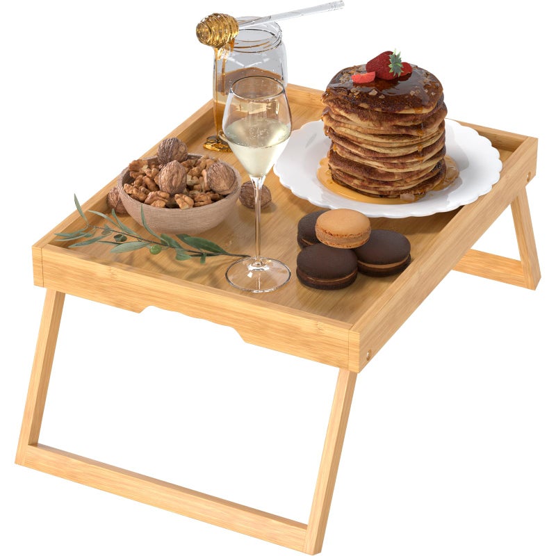 promitop Bamboo Bed Tray Table with Foldable Legs, Breakfast in Bed Tray for Eating, Kitchen Serving Trays, Folding Table for Sofa, Beds, Eating, Working, Used As Laptop Desk Snack Trays, Brown - Image 1
