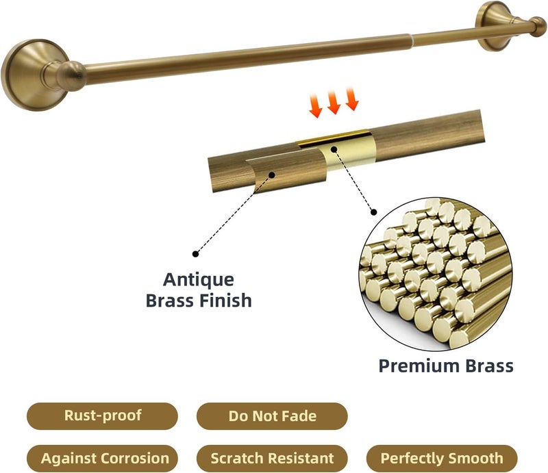 TooCust 4 Piece Antique Brass Gold Bathroom Towel Bar Set - 16"-27.7" Adjustable Wall Mounted Hardware With Towel Holder - Image 3