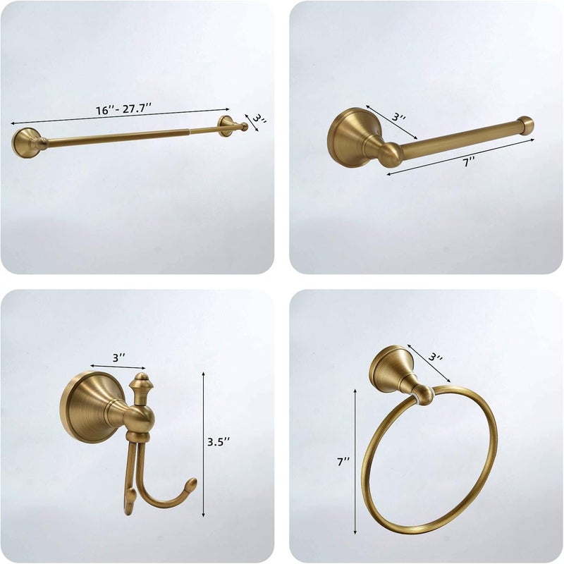 TooCust 4 Piece Antique Brass Gold Bathroom Towel Bar Set - 16"-27.7" Adjustable Wall Mounted Hardware With Towel Holder - Image 4