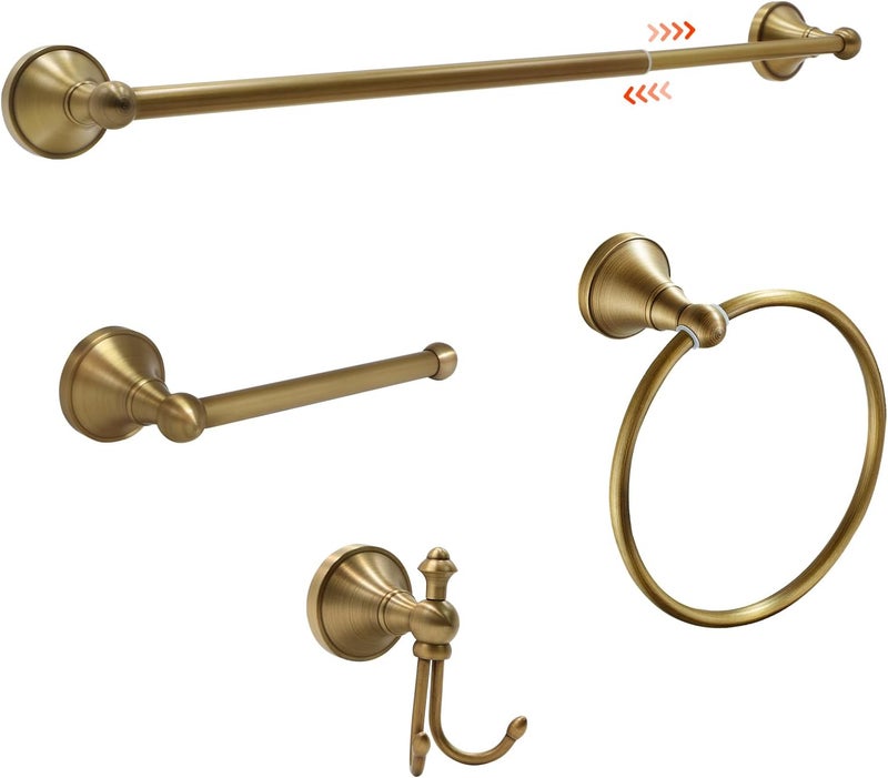 TooCust 4 Piece Antique Brass Gold Bathroom Towel Bar Set - 16"-27.7" Adjustable Wall Mounted Hardware With Towel Holder - Image 1