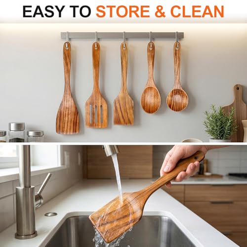 Renawe 5 Pcs Best Wooden Kitchen Utensils Set - Acacia Wood Utensil Cooking Spatula Turner Slotted Spoon Flat Wooden Spatula Set Mixing Spoons - Image 5