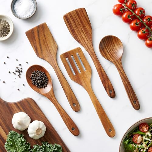 Renawe 5 Pcs Best Wooden Kitchen Utensils Set - Acacia Wood Utensil Cooking Spatula Turner Slotted Spoon Flat Wooden Spatula Set Mixing Spoons - Image 4
