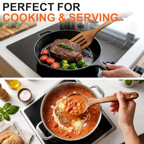 Renawe 5 Pcs Best Wooden Kitchen Utensils Set - Acacia Wood Utensil Cooking Spatula Turner Slotted Spoon Flat Wooden Spatula Set Mixing Spoons - Image 2