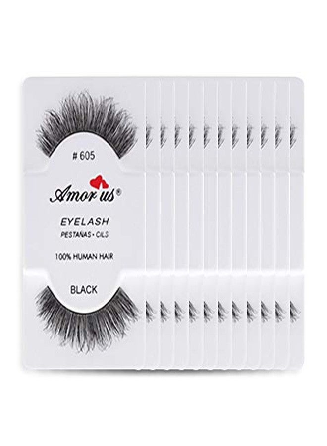Amorus 12 Pairs Multipack #605 False Eyelashes Dozen Set 100% Natural Hair Black Handmade Comfortable Reusable Strip Fake Lashes Pack - Image 1