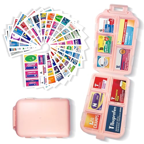 YIXIAN Pill Organizer with Medicine Labels 161 Labels Travel Daily Pill Container Mini Medication Organizer Storage Pill Organizer Travel Essentials Pill Case 7 Day (Pink, 1 Pack) - Image 1