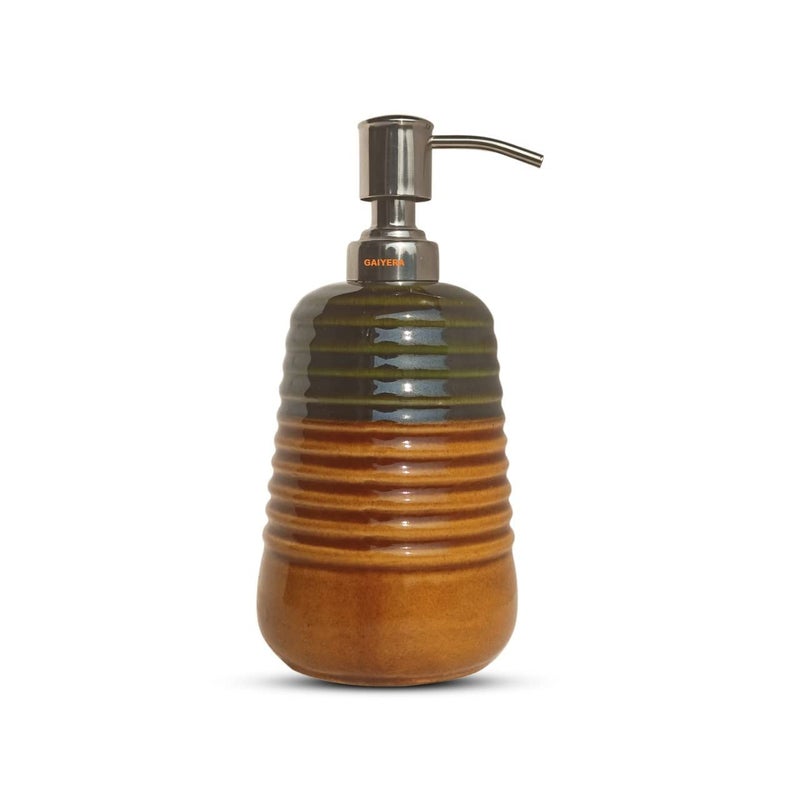 Vreni مجموعة إكسسوارات الحمام الخزفية Vreni للديكور والحمام | موزع صابون سائل، صينية صابون، حامل فرشاة أسنان مصنوعة يدويًا / مطلية يدويًا باللون البني الفاخر والأخضر الفاتح - Image 2