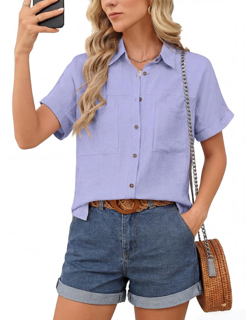 Kistore Women's Short Sleeve Button Down Shirt Linen Shirts for Women Cotton Button up Beach Vacation Gauze Tops with Pockets Purple L - Image 1
