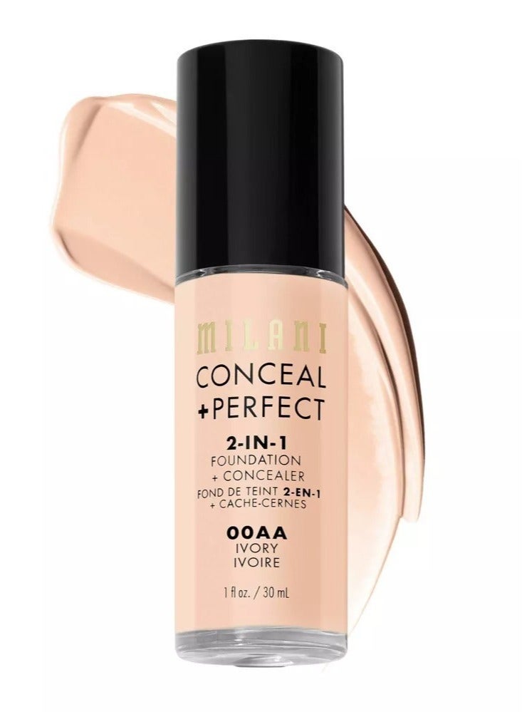 Milani Cosmetics Conceal + Perfect 2-In-1 Foundation + Concealer 00AA Ivory 30ml – Full Coverage, Lightweight, Long-Lasting, Water-Resistant, Oil-Free, Vegan & Cruelty-Free - Image 1