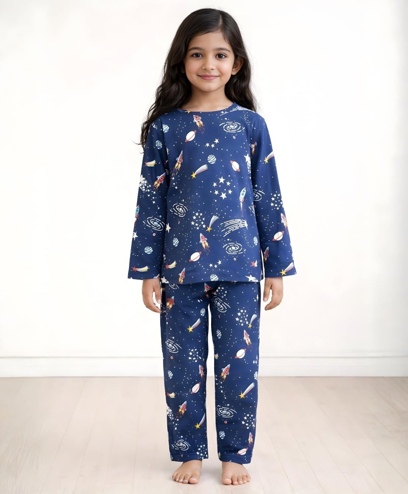 Anthrilo Pajama T-Shirt Set for Girls | Kids Night Suit for Girls | Nightwear | 100% Cotton Pyjama Set Solar System Fun Dreams Print Blue | Long Sleeve T-Shirt and Pajama | 12-13 Years - Image 2