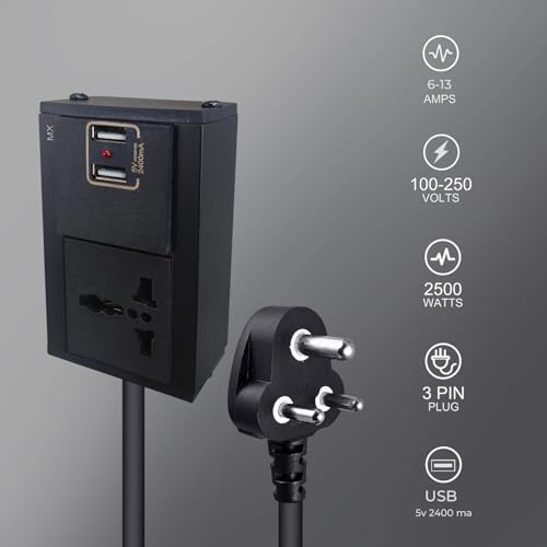 MX Single Socket Extension Board with 2 USB Ports (5V/2.4A) 3-Pin Plug 6a to 13a Socket 3 Meter Heavy Duty Cable Flame Retardant Body with Indicator & Safety Shutter - Image 4