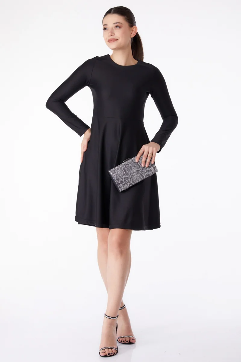 Tofisa Plain Crew Neck Women's Black Mini Evening Dress - 13191