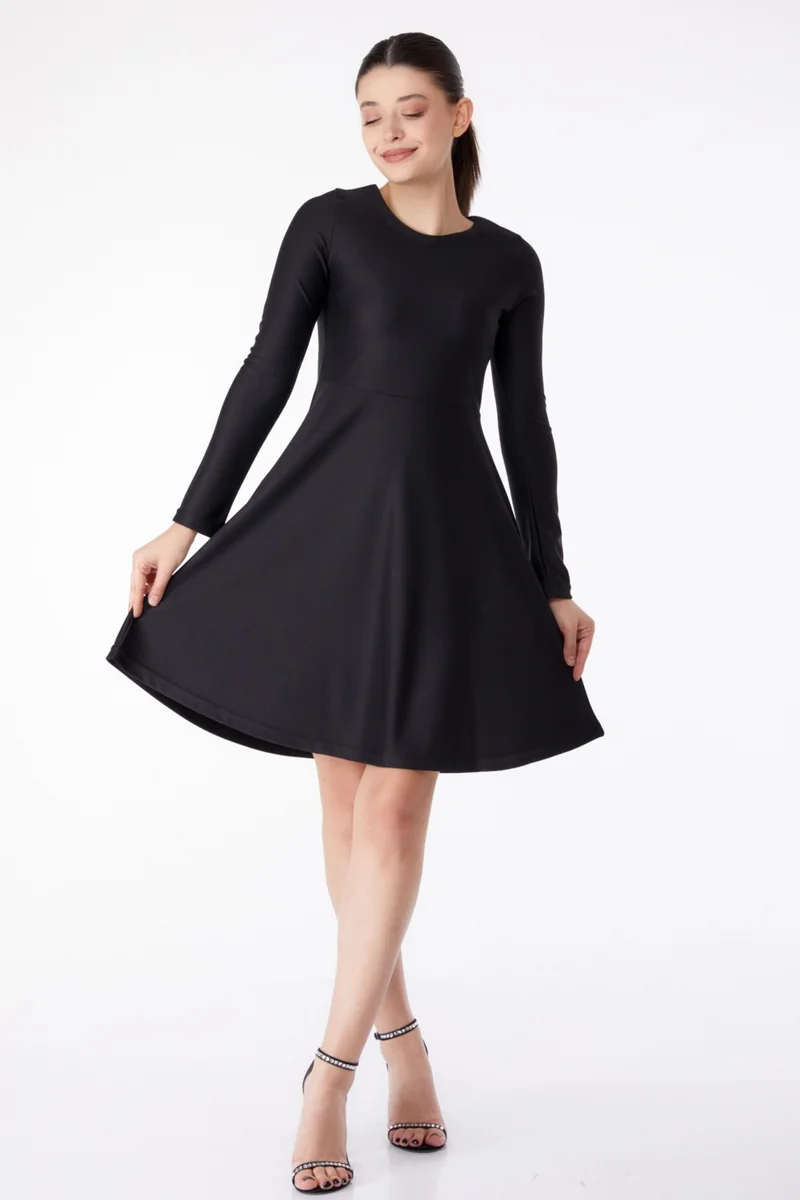 Tofisa Plain Crew Neck Women's Black Mini Evening Dress - 13191
