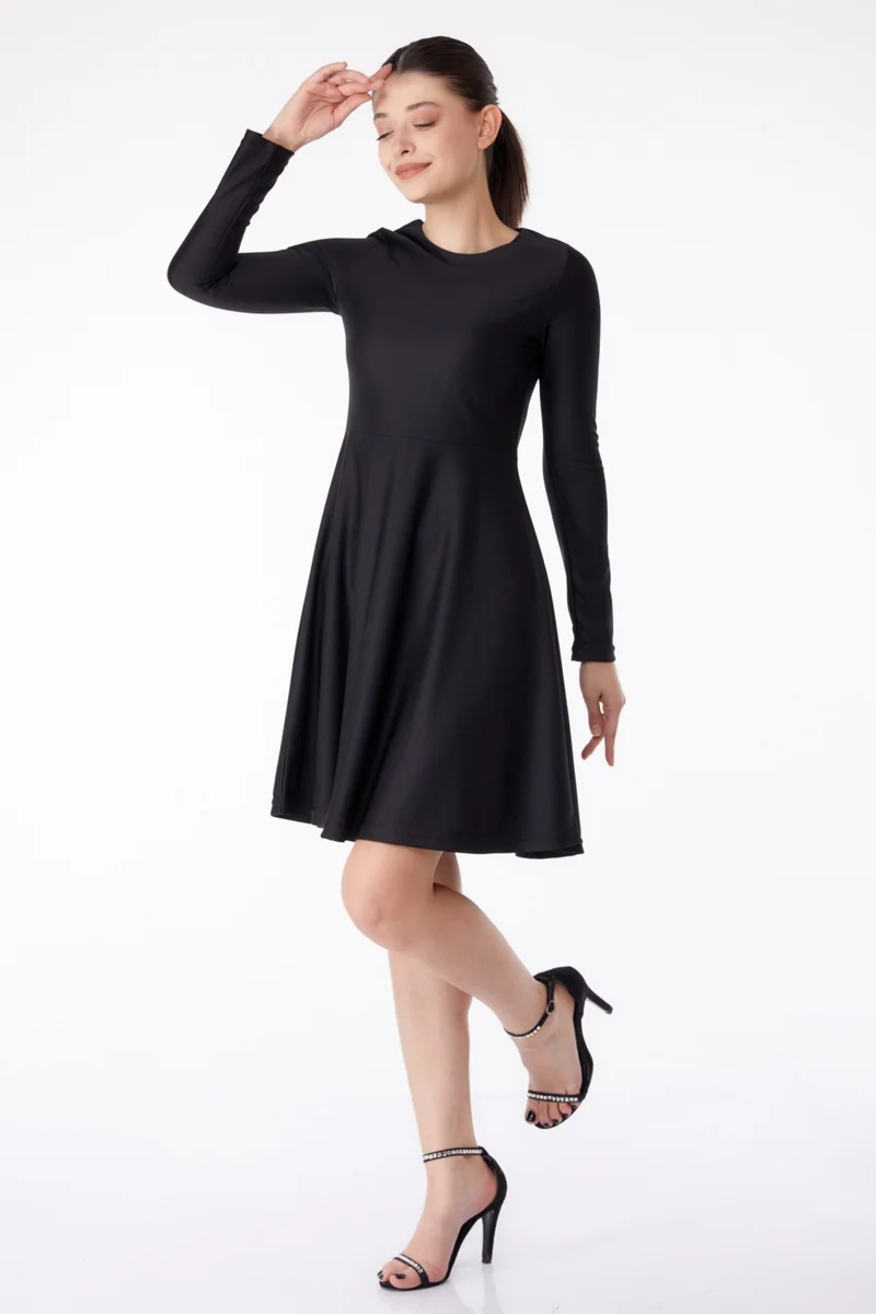 Tofisa Plain Crew Neck Women's Black Mini Evening Dress - 13191