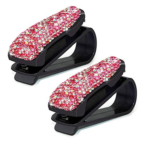 CHIMUYU Glasses Holders for Car Sun Visor, 2 Pack Bling Crystal Rhinestones Fashion Car Eyeglasses Sunglasses Hanger Mount with Ticket Card Clip for Women Girls (Pink) - Image 1