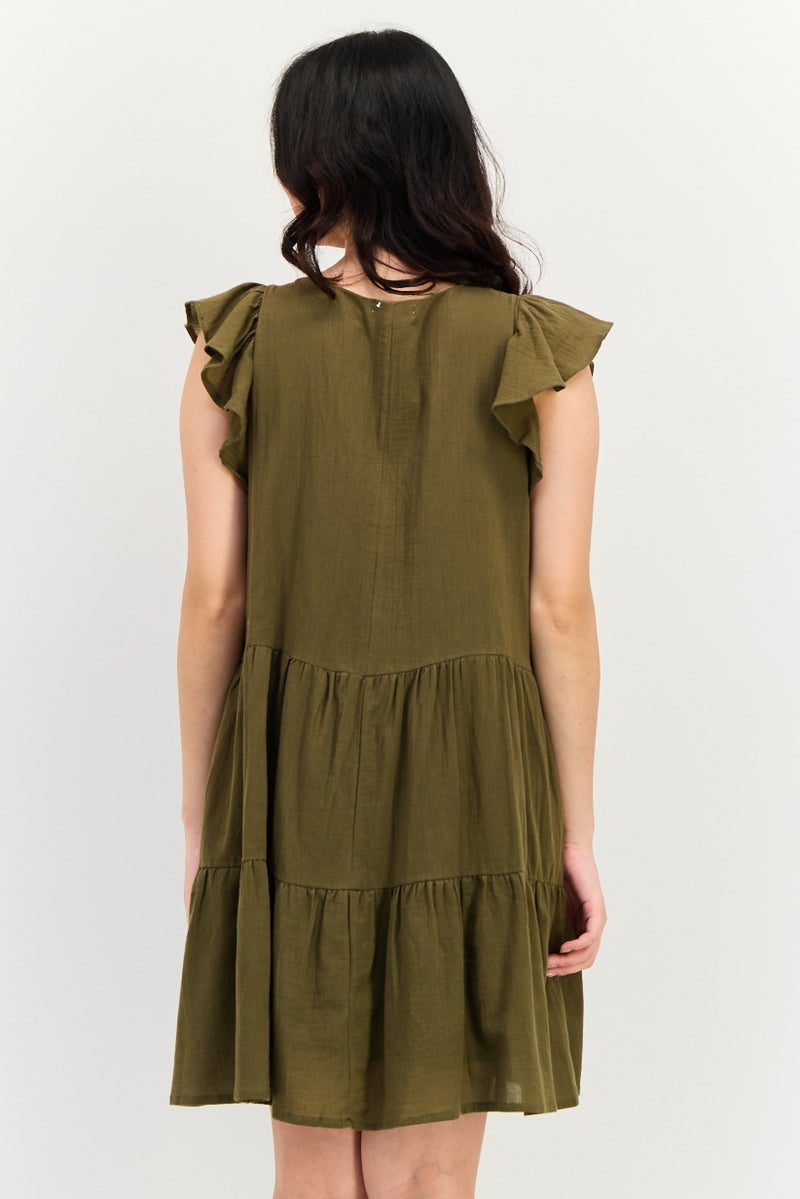 BRAVE SOUL Women Solid Mini Dress, Olive - Image 4