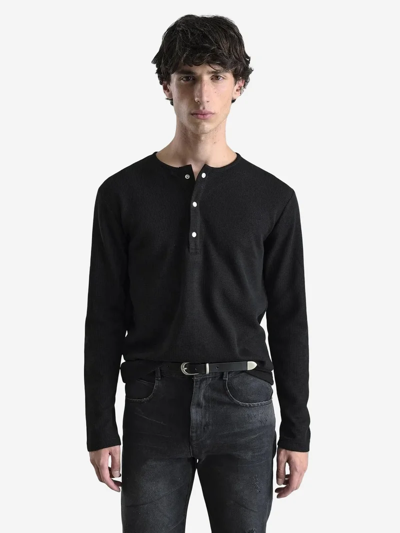 Giesto Black GIESTO Slim Fit Button Collar Long Sleeve T-Shirt for Men | Best Price UAE