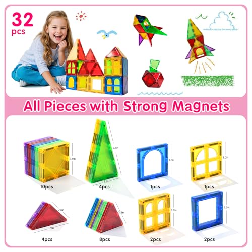 Magblock Magnetic Tiles Toys for Kids Preschool Learning, Magnetic Blocks Sensory Montessori Toys Set All Pieces with Magnets, Ideal STEM Educational Construction Gifts for 3+ Year Old Boys and Girls 32PCS - Image 3