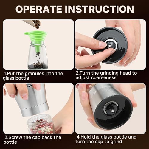 M JINGMEI Stainless Steel Salt and Pepper Grinder Set of 2 - Pepper Mill & Salt Mill with Adjustable Coarseness - Glass Spice Shakers - Easy Clean Ceramic Grinders W/Funnel (2.6"W x 5.3"H) - Image 5
