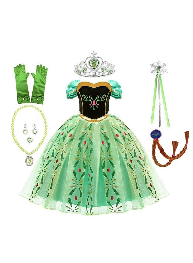 Princess Dress,Princess Costumes for Girls,Girls Anna Princess Costume ,Elegant Princess Dress Set with Magic Wand Wig Ear Clips, Green Princess Dress Shining Cosplay Costume With Accessories,Breathable Themed Party Deluxe Edition Fancy Dress Ages 3-11,Sizes 110-130cm - Image 3