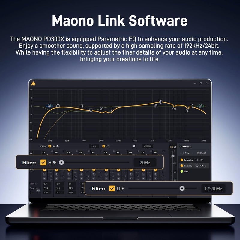 Maono ميكروفون ديناميكي-XLR USB لتسجيل البودكاست: لتسجيل الصوت، إنشاء المحتوى، الاستوديو المنزلي، التعليق الصوتي، مع 192kHz/24bit، تقليل الضوضاء، زيادة الميكروفون، المراقبة، كتم الصوت (PD300X) أسود - Image 4