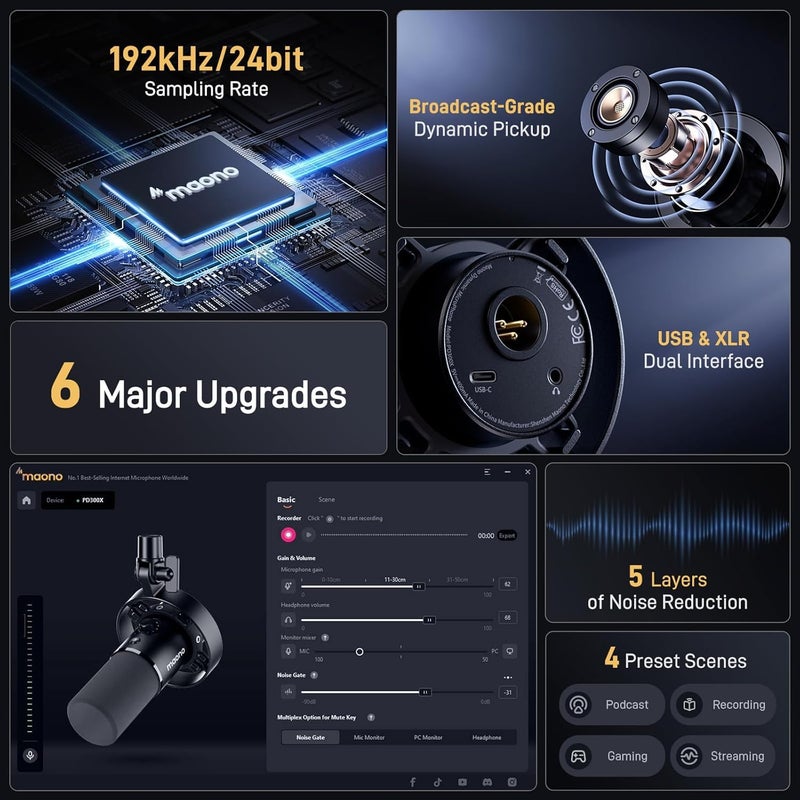 Maono ميكروفون ديناميكي-XLR USB لتسجيل البودكاست: لتسجيل الصوت، إنشاء المحتوى، الاستوديو المنزلي، التعليق الصوتي، مع 192kHz/24bit، تقليل الضوضاء، زيادة الميكروفون، المراقبة، كتم الصوت (PD300X) أسود - Image 2