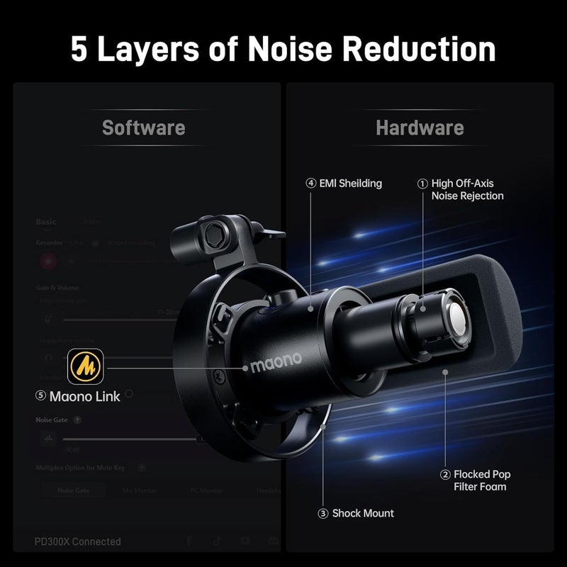 Maono ميكروفون ديناميكي-XLR USB لتسجيل البودكاست: لتسجيل الصوت، إنشاء المحتوى، الاستوديو المنزلي، التعليق الصوتي، مع 192kHz/24bit، تقليل الضوضاء، زيادة الميكروفون، المراقبة، كتم الصوت (PD300X) أسود - Image 5