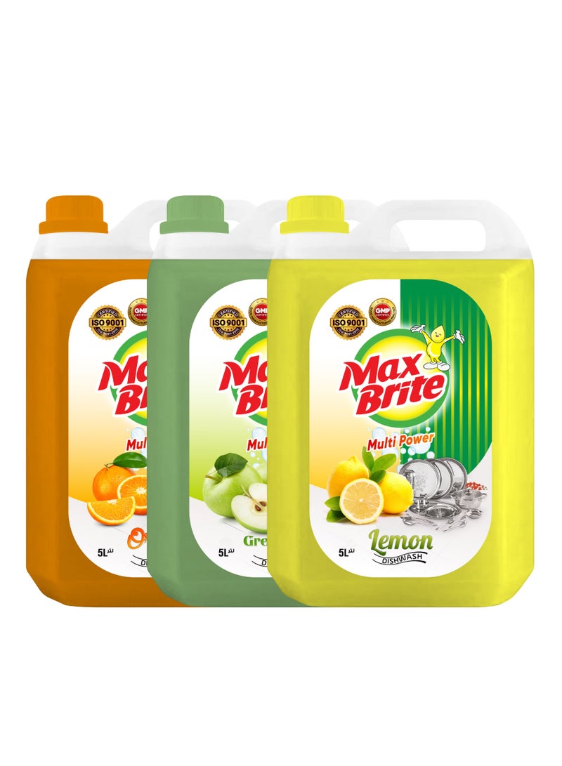 Max Brite Multi Power Dishwashing Liquid Tough on Stains Gentle on Hands Orange Green Apple Lemon Fragrance 5L Pack of 3 - Image 1