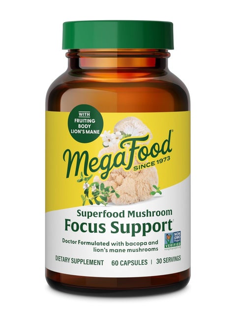 MegaFood Superfood Mushroom Focus Support - DOCTORS FORMULATED WITH BACOPA  AND LIONS  MANE MUSHROOMS DIETARY SUPPLEMENT, 60 CAPSULES / 30 SERVINGS