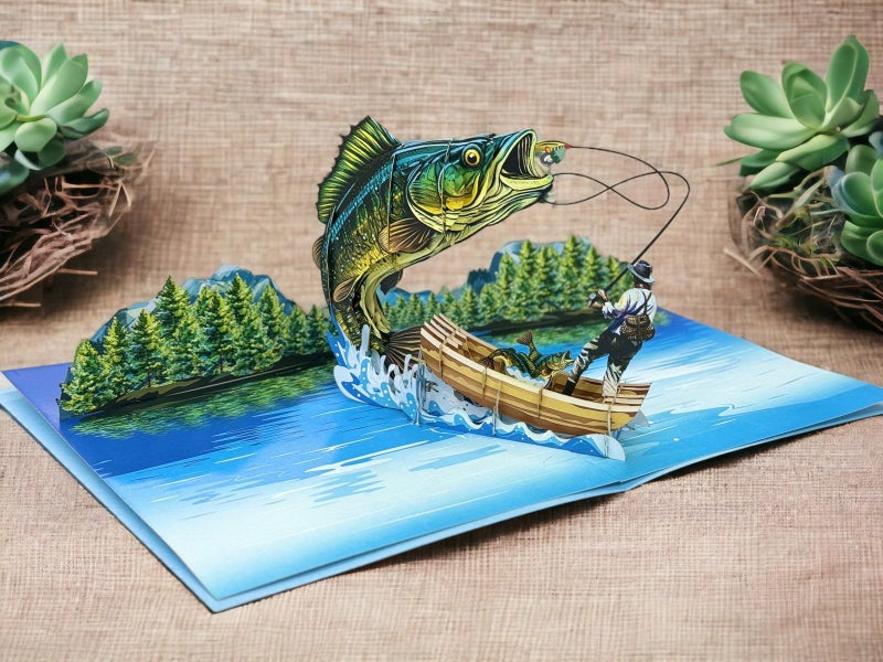 Rykamia Blank Pop Up Card - Fish Birthday & Father's Day Gift, Bass Fishing Theme, Retirement Card for Men - Image 2