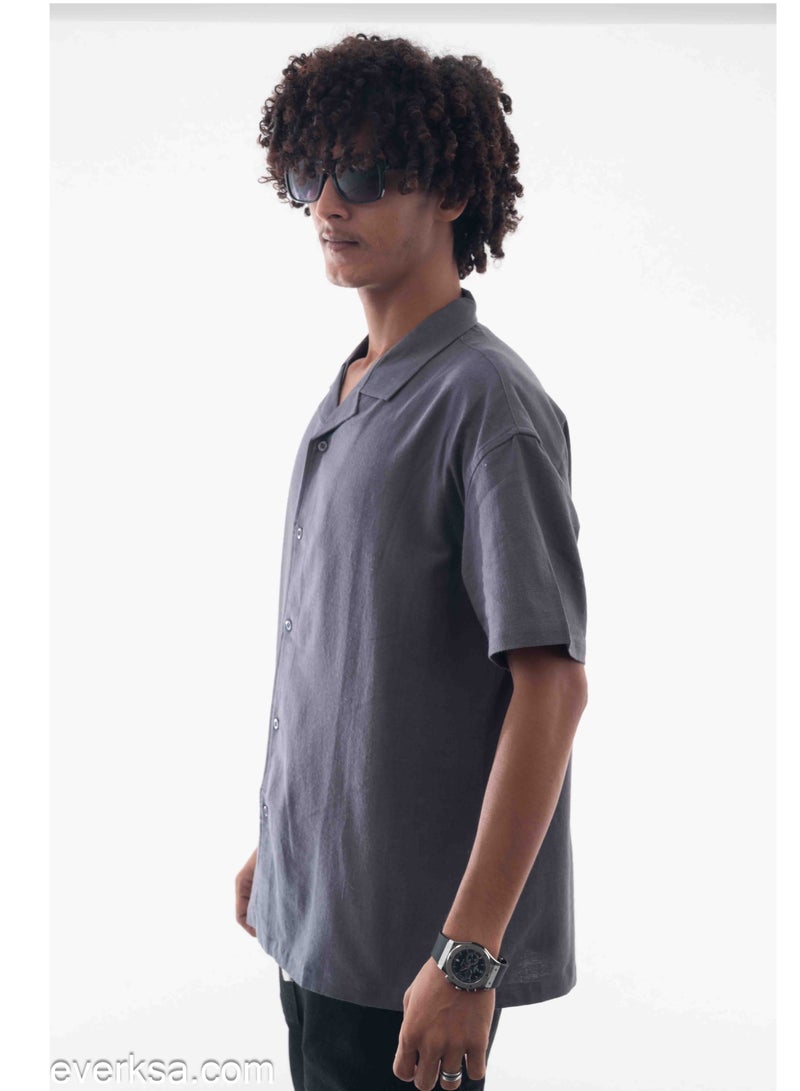 Everest Men's Plain Linen Half Sleeve Shirt in Grey - Image 2