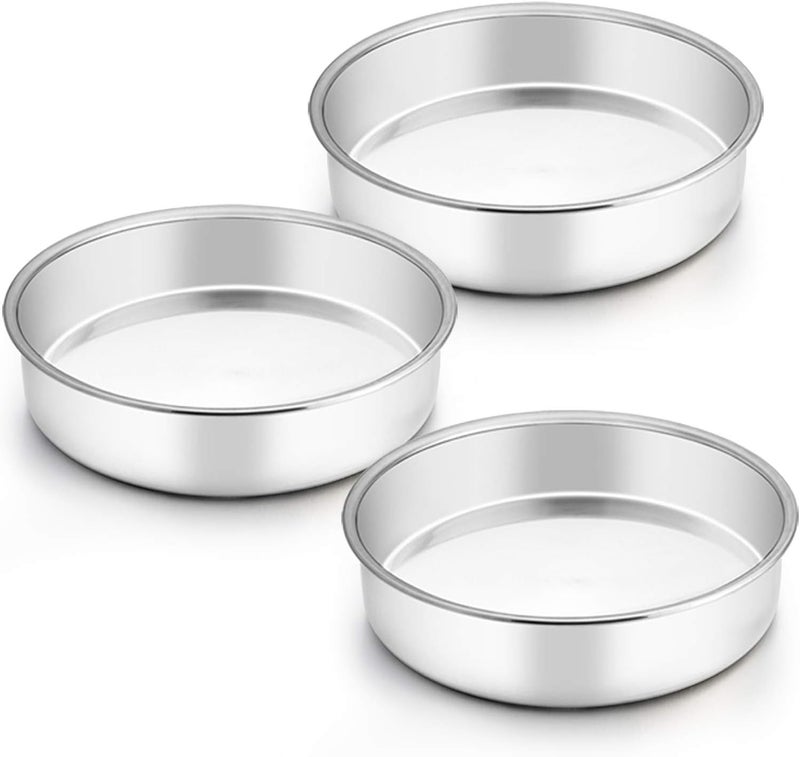 TeamFar 8 Inch Cake Pan, 3 Pcs Round Cake Pan Tier Cake Pan Set Stainless Steel, Healthy & Heavy Duty, Mirror Finish & Easy Clean, Dishwasher Safe - Image 1