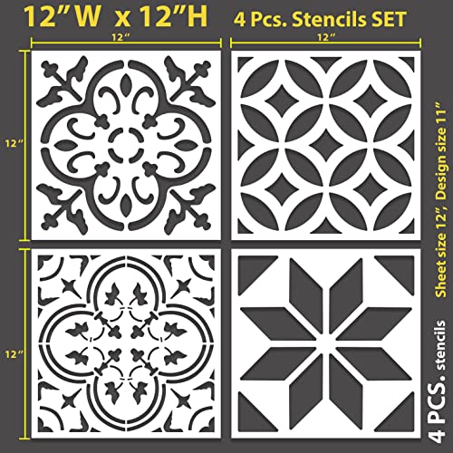 STENCILOGY® / 4 pcs. 12 x 12 Inches/Tile Stencil Set, Reusable Tile Stencils Set for Painting, Furniture, Floor/Household Paint Wall Stencils (12x12 inches) - Image 2