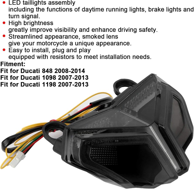 Ymiko Motorcycle LED Rear Tail Light Smoked Taillight Assembly for 848 1098 1198 - Image 4