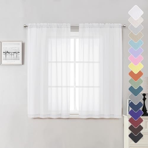 Lecloud Short Sheer Curtains 54 Inches Length 2 Panels Light Filtering Voile Curtain Drapes for Half Window Kitchen Bedroom Basic Rod Pocket Living Room Sheer Curtains 40 W x 54 L Inches White