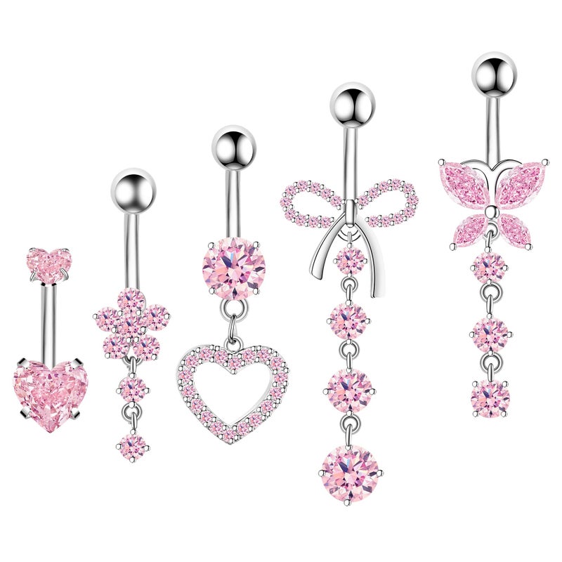 BSJ4U Belly Button Ring Dangle Navel Belly Piercing Jewelry Cute Pink CZ Heart Butterfly Bow Flower Navel Belly Rings for Women 14G Silver Stainless Steel Dainty Dangly Dangling Belly Button Piercing - Image 1