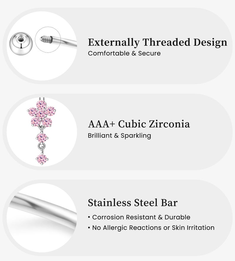 BSJ4U Belly Button Ring Dangle Navel Belly Piercing Jewelry Cute Pink CZ Heart Butterfly Bow Flower Navel Belly Rings for Women 14G Silver Stainless Steel Dainty Dangly Dangling Belly Button Piercing - Image 3