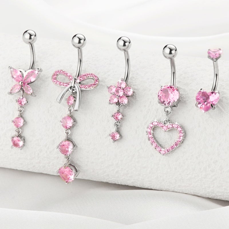 BSJ4U Belly Button Ring Dangle Navel Belly Piercing Jewelry Cute Pink CZ Heart Butterfly Bow Flower Navel Belly Rings for Women 14G Silver Stainless Steel Dainty Dangly Dangling Belly Button Piercing - Image 2
