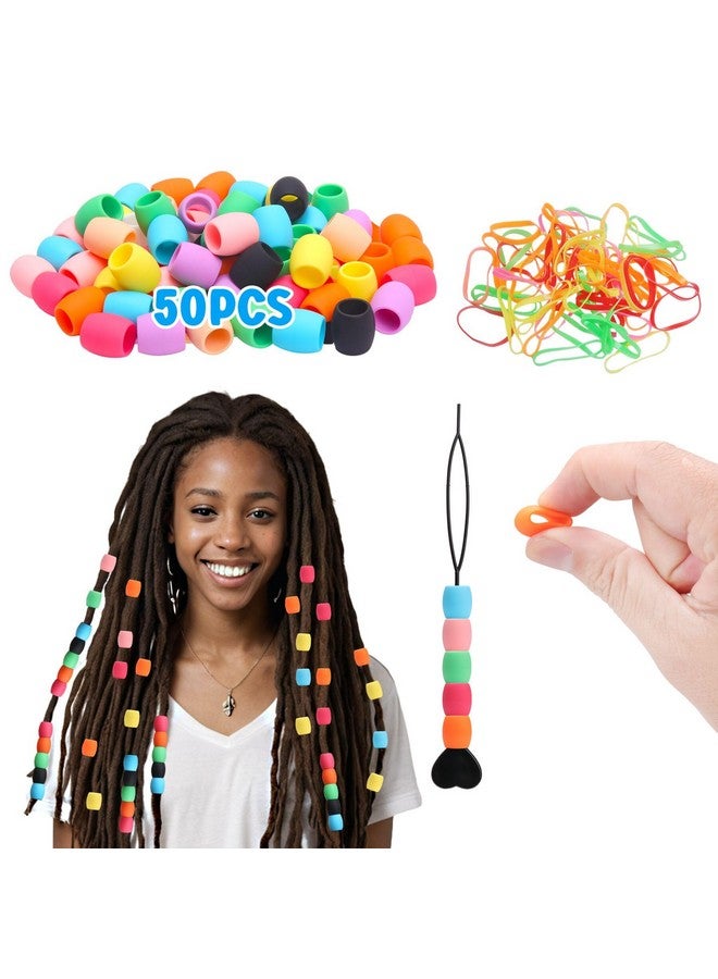 COSOOS 50 Big Silicone Hair Beads for Girls, Diameter 9mm Colorful Soft Rubber Hair Beads for Braids for Daughter Women, 2 Plastic Quick Beaders for Hair Braids, 50 Elastic Rubber Bands - Image 1