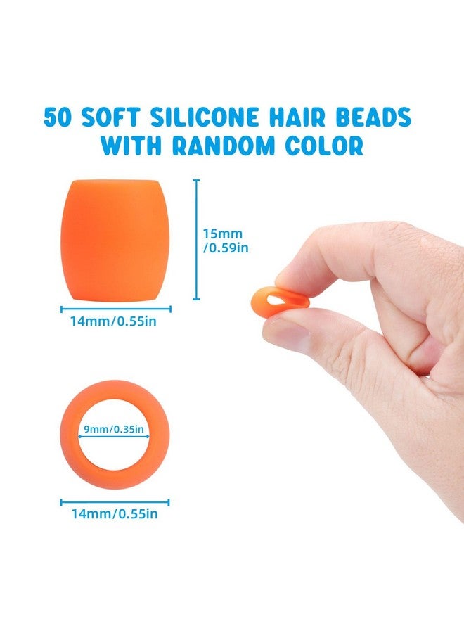 COSOOS 50 Big Silicone Hair Beads for Girls, Diameter 9mm Colorful Soft Rubber Hair Beads for Braids for Daughter Women, 2 Plastic Quick Beaders for Hair Braids, 50 Elastic Rubber Bands - Image 2