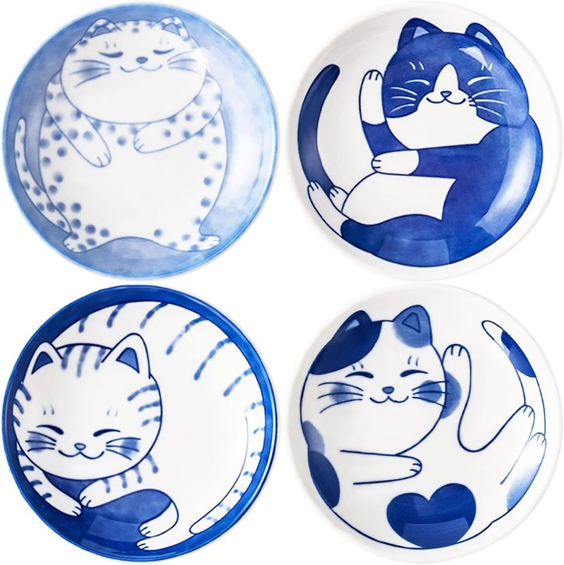 BigNoseDeer 4 Pcs 4 Inches Cute Cat Soy Sauce DishCeramic Cat BowlsJapanese Cat PlatesDipping BowlsSnack DishSmall Ceramic Saucers Plates Sushi Plate Set Mini Bowls Small Bowls for Sides Dish 4 Inch - Image 1